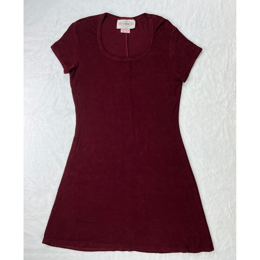 Vintage 90s B. Moss T-Shirt Dress Made In USA Ribbed Knit Scoop Neck Burgundy